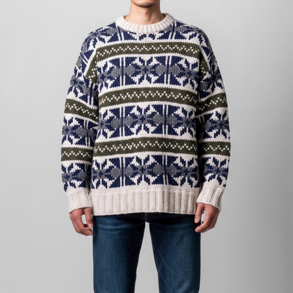Vintage 100% Wool Scandi Nordic Sweater Cabincore Apres Ski Blue Cream Fair Isle